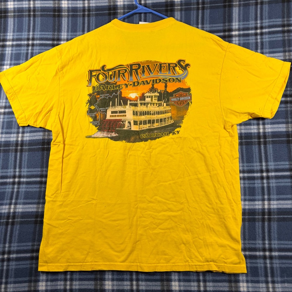 Harley-Davidson Four Rivers Paducah KY Riverboat Graphic T-Shirt Yellow Mens XL - Picture 1 of 8